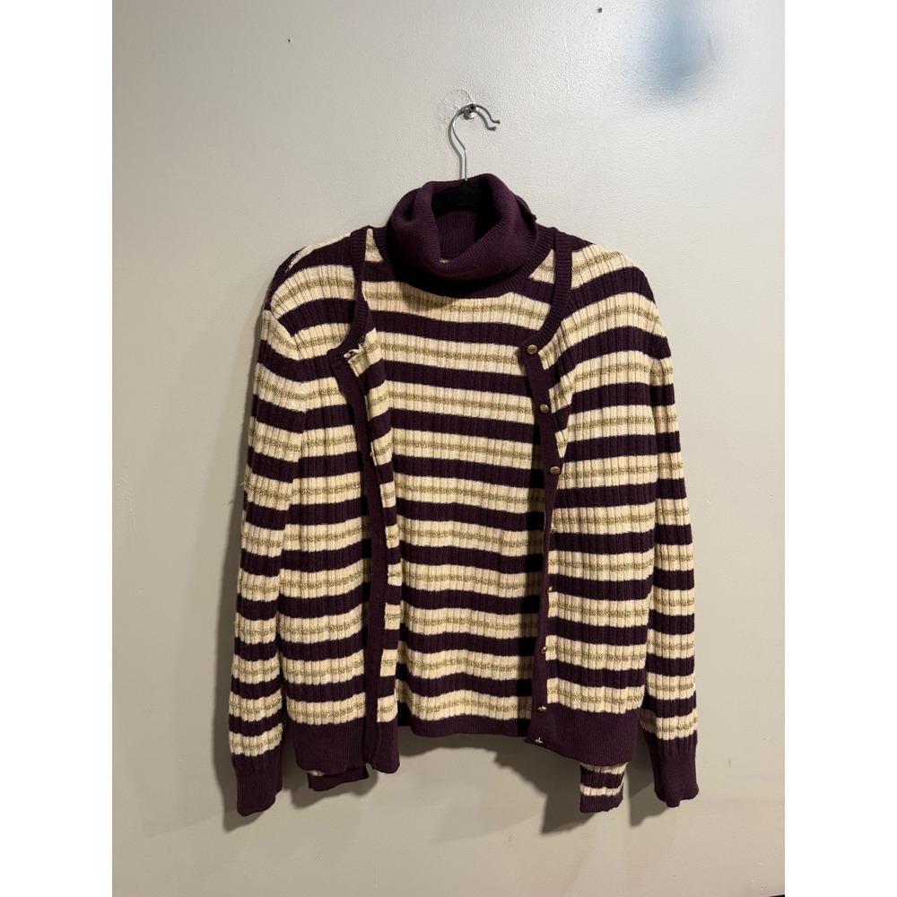 Ann Taylor Womens XL Plum Gold Metallic Striped Cardigan & Turtleneck Set